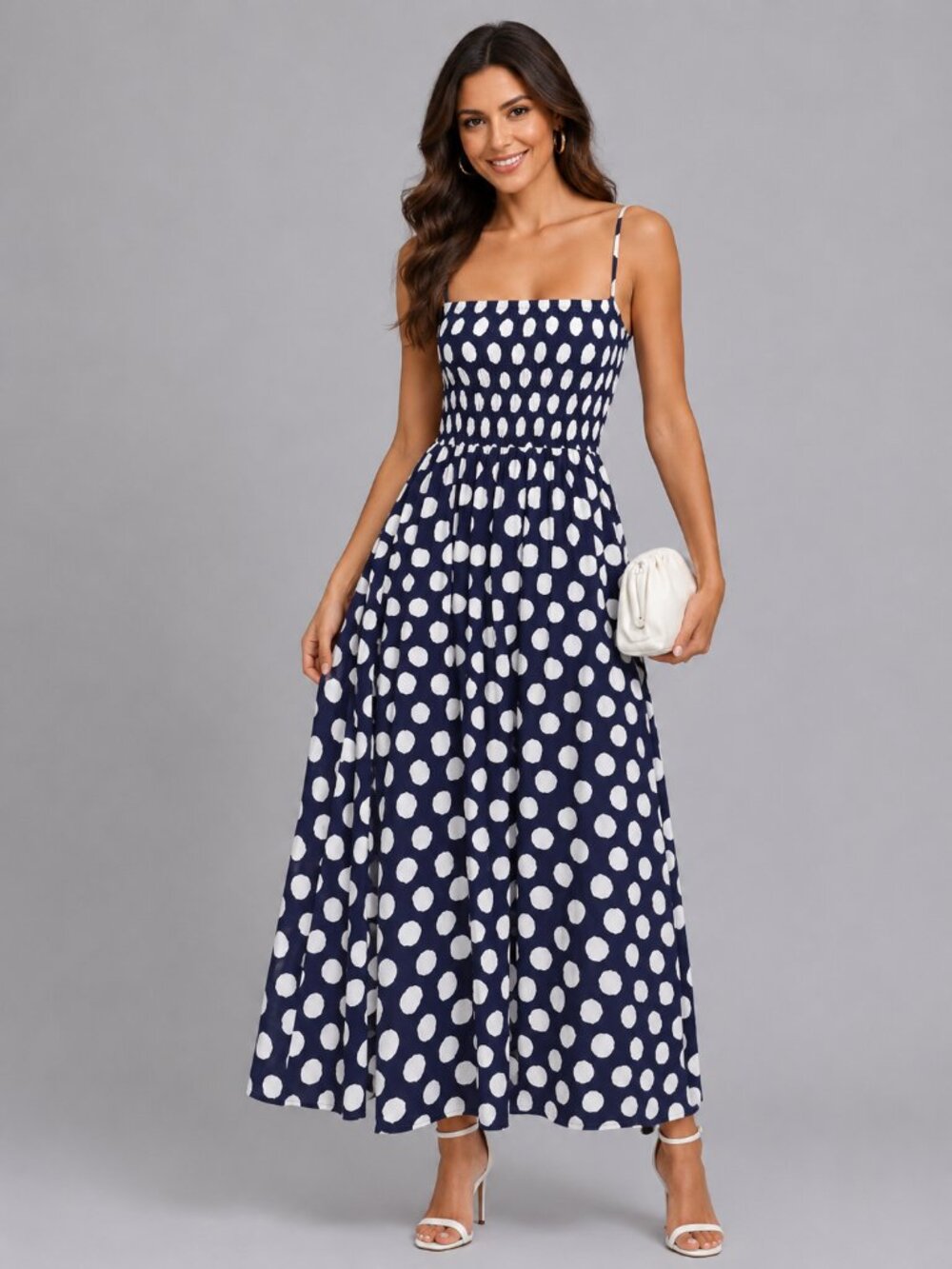 Women’s Black White Polka Dot Spaghetti Strap Flowy Maxi Midi Dress Chic - Picture 1 of 3